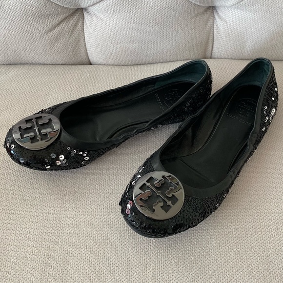 Tory Burch Black Sequin Reva Flats - Picture 2 of 5
